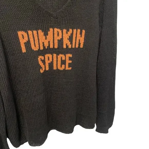 Wooden Ships V Neck Pumpkin Spice Print Black Knit Sweater Womens Small / Medium - Picture 2 of 5